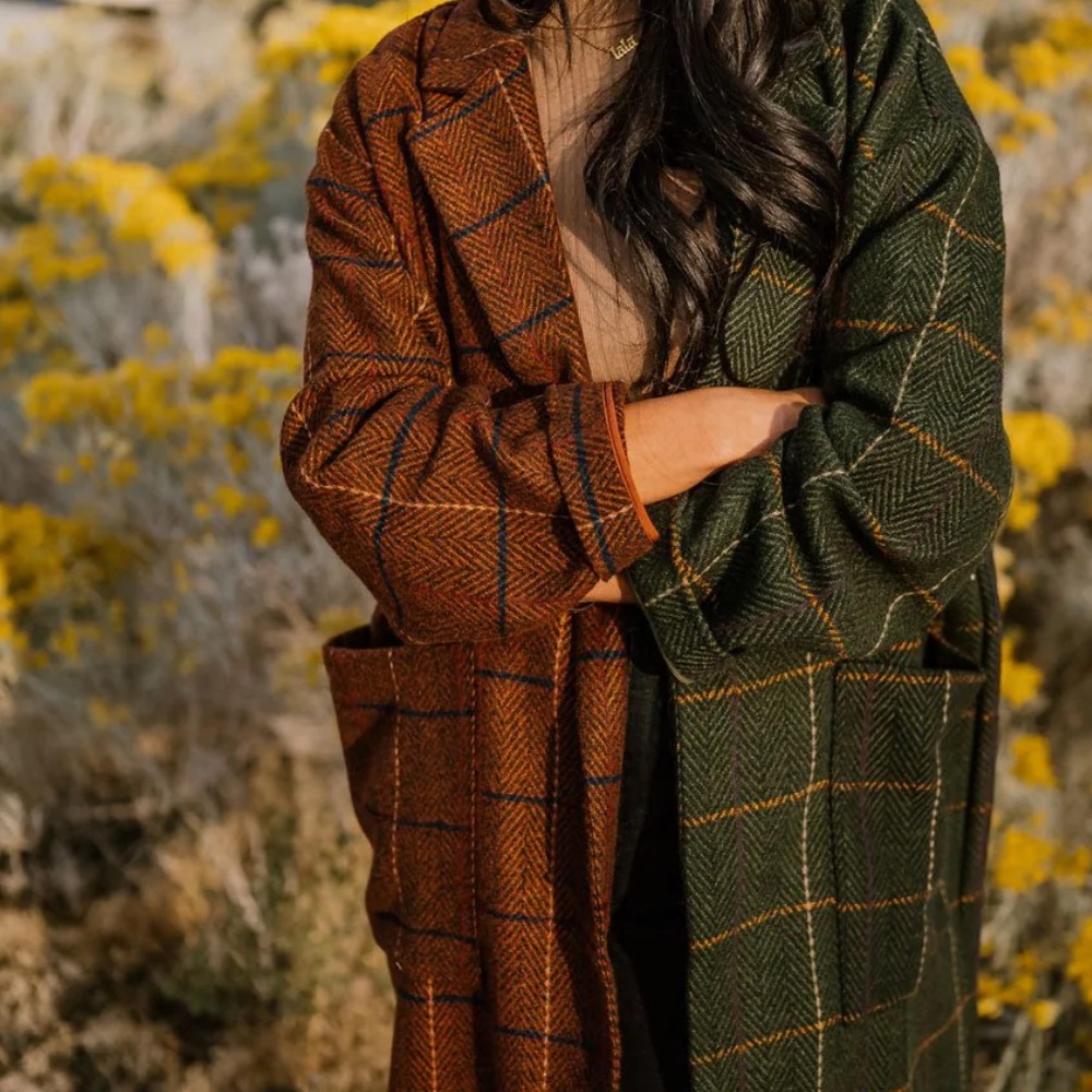 Dressed in LALA Green and Brown Plaid Pea Coat